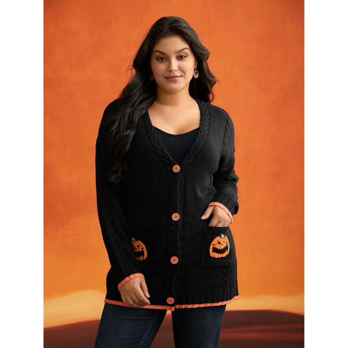 Plus Size Pumpkin Pocket Embroidered Contrasting Cardigan - For Halloween Black Women Casual Loose Long Sleeve Everyday Cardigans BloomChic 14-16/1X Product Image