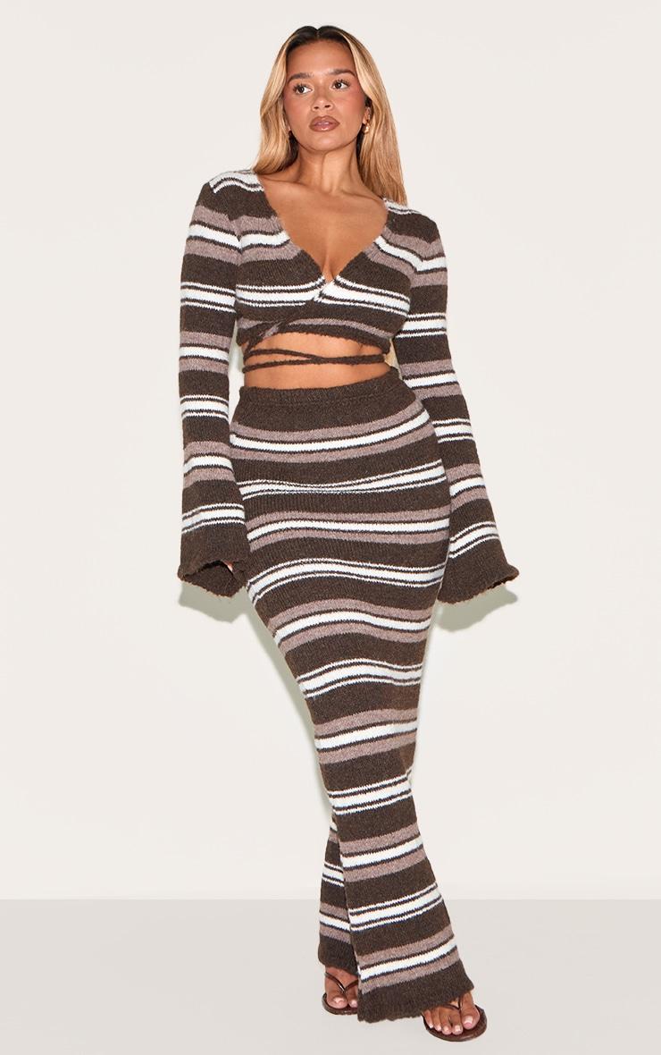 Shape Chocolate Brushed Striped Knit Tie Front Top Product Image