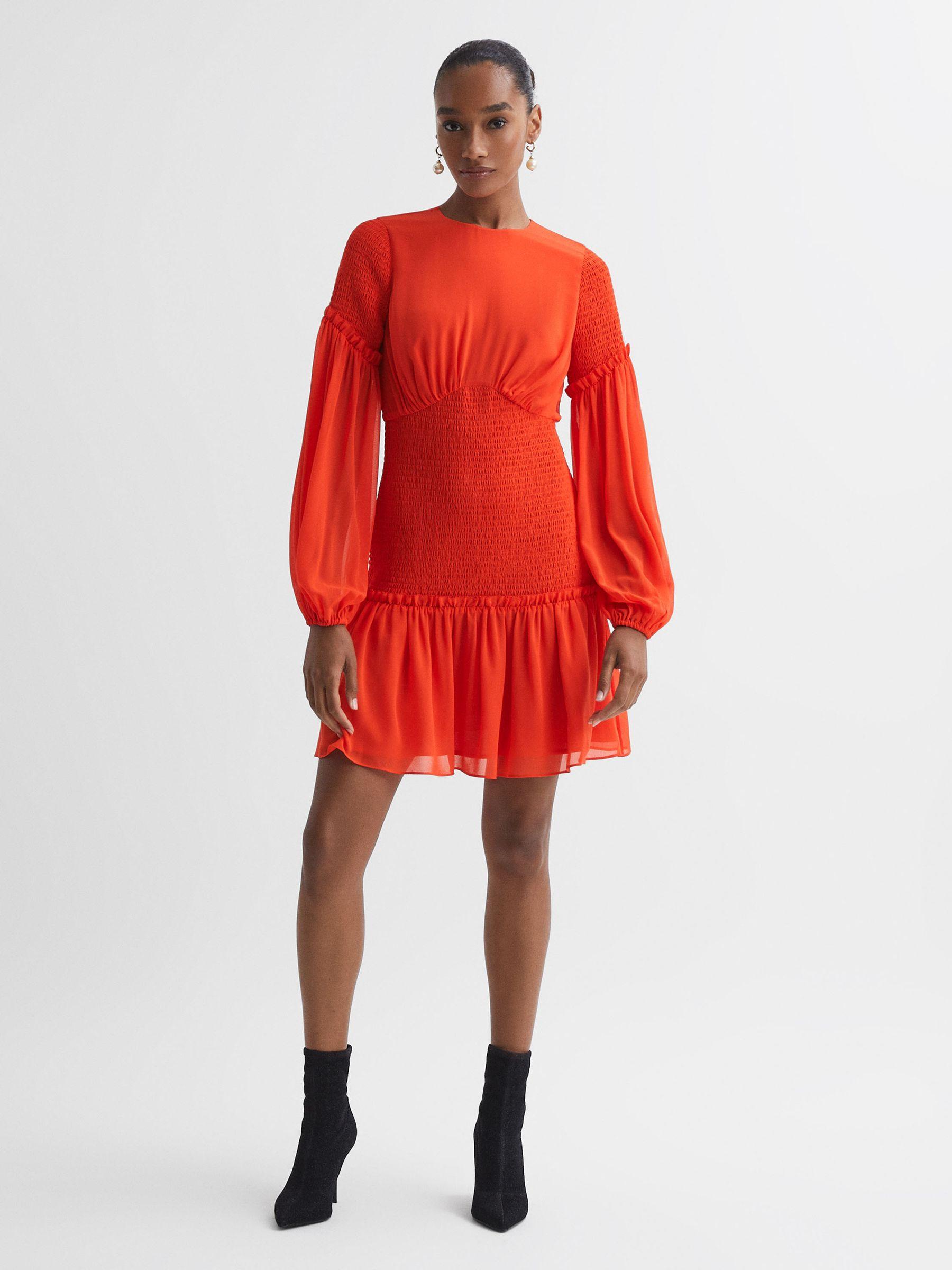 Florere Round Neck Shirred Mini Dress in Bright Orange Product Image