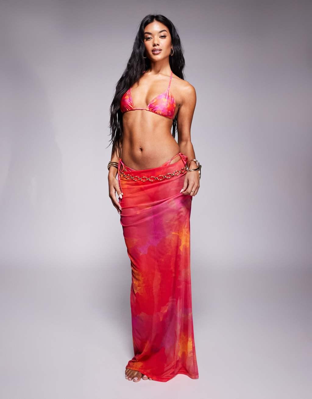 South Beach abstract print mesh maxi beach skirt in pink Product Image