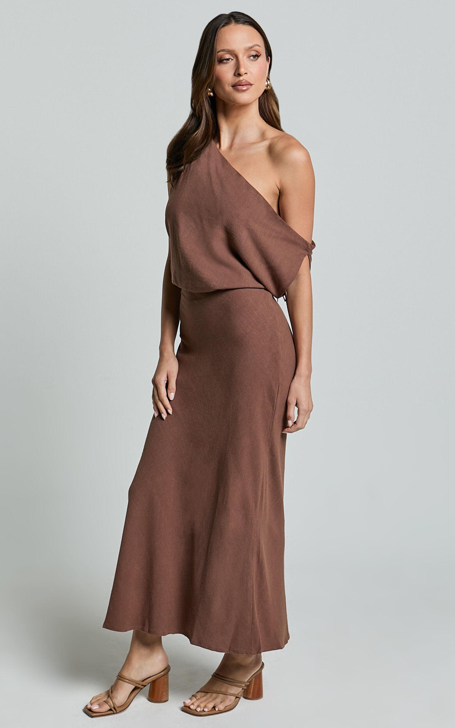 Jacqueline Midi Dress - Linen One Shoulder Dress in Chocolate Product Image