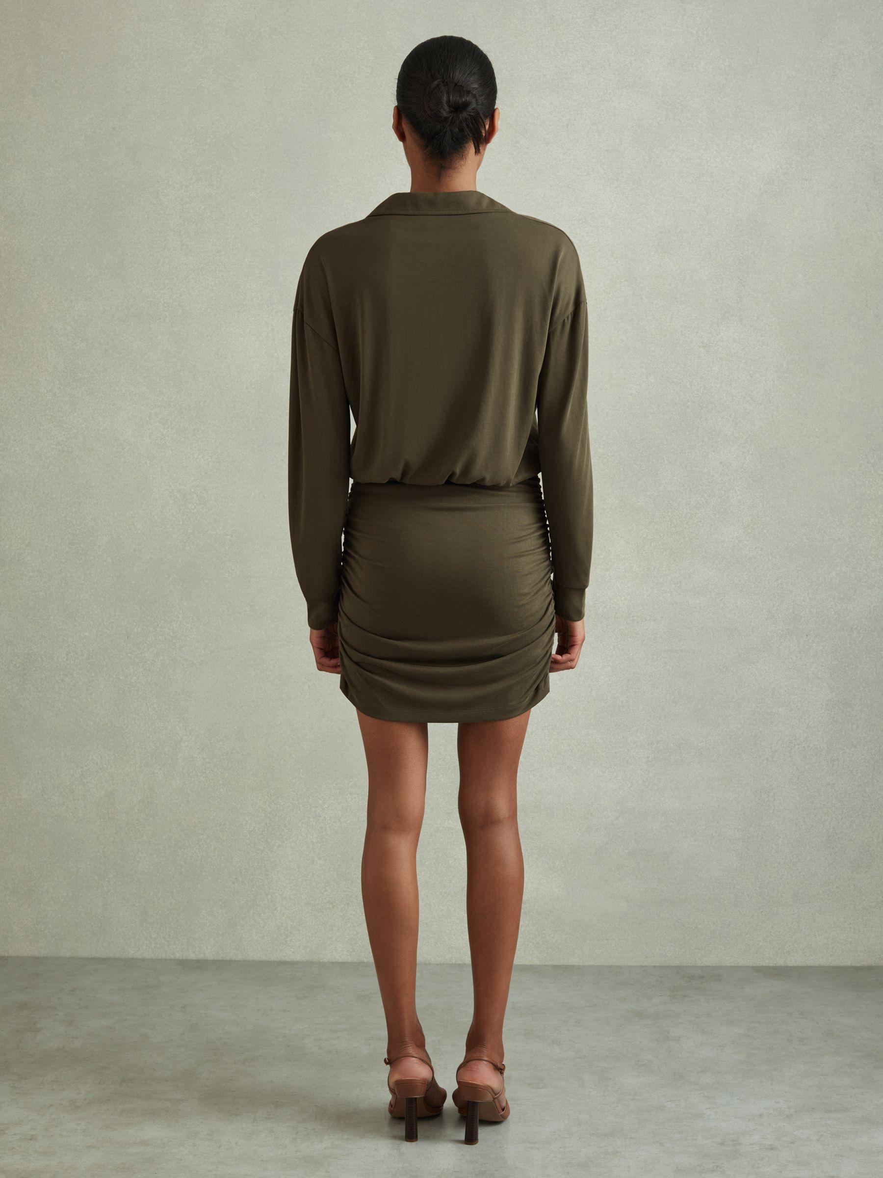 Victoria Khaki Ruched Jersey Open-Collar Mini Dress Product Image
