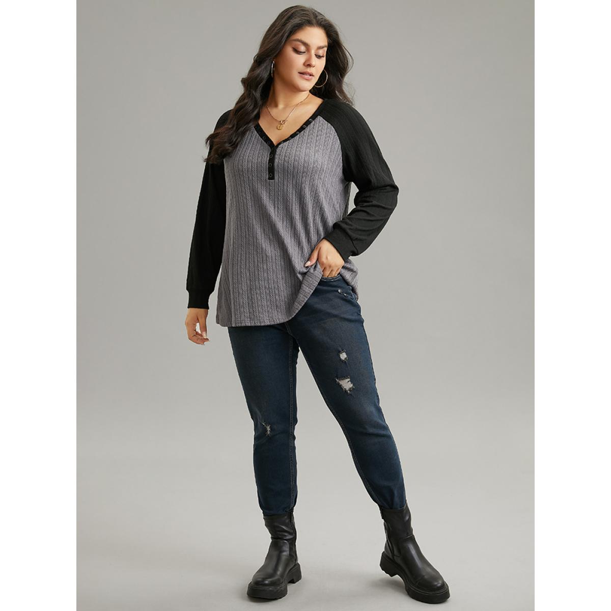 Plus Size Textured Contrast Button Detail Raglan Sleeve Sweatshirt Women Gray Casual Texture V-neck Dailywear Sweatshirts BloomChic 28/5X Product Image