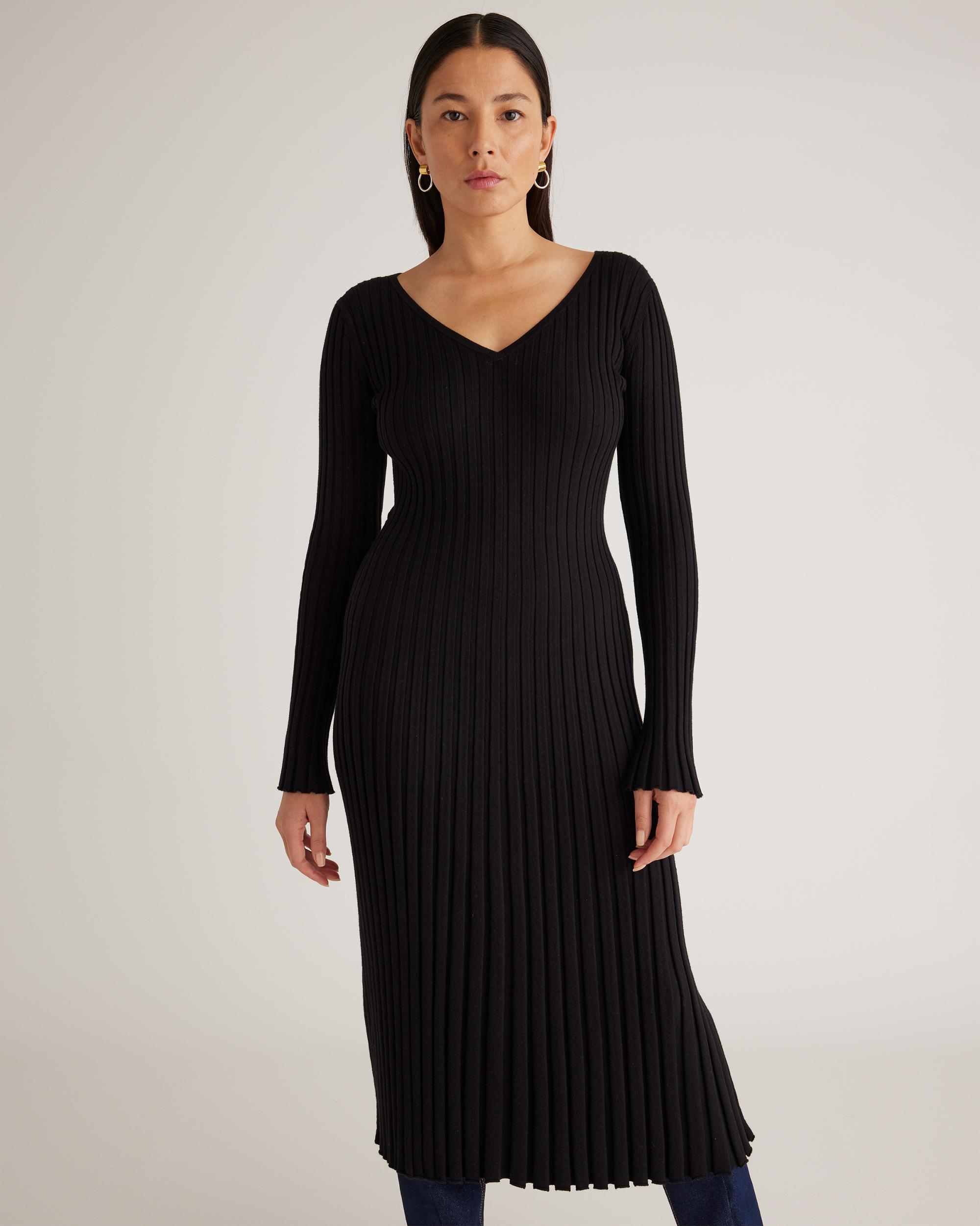 Quince | Women's Cotton Cashmere Ribbed Long Sleeve V-Neck Midi Dress Product Image