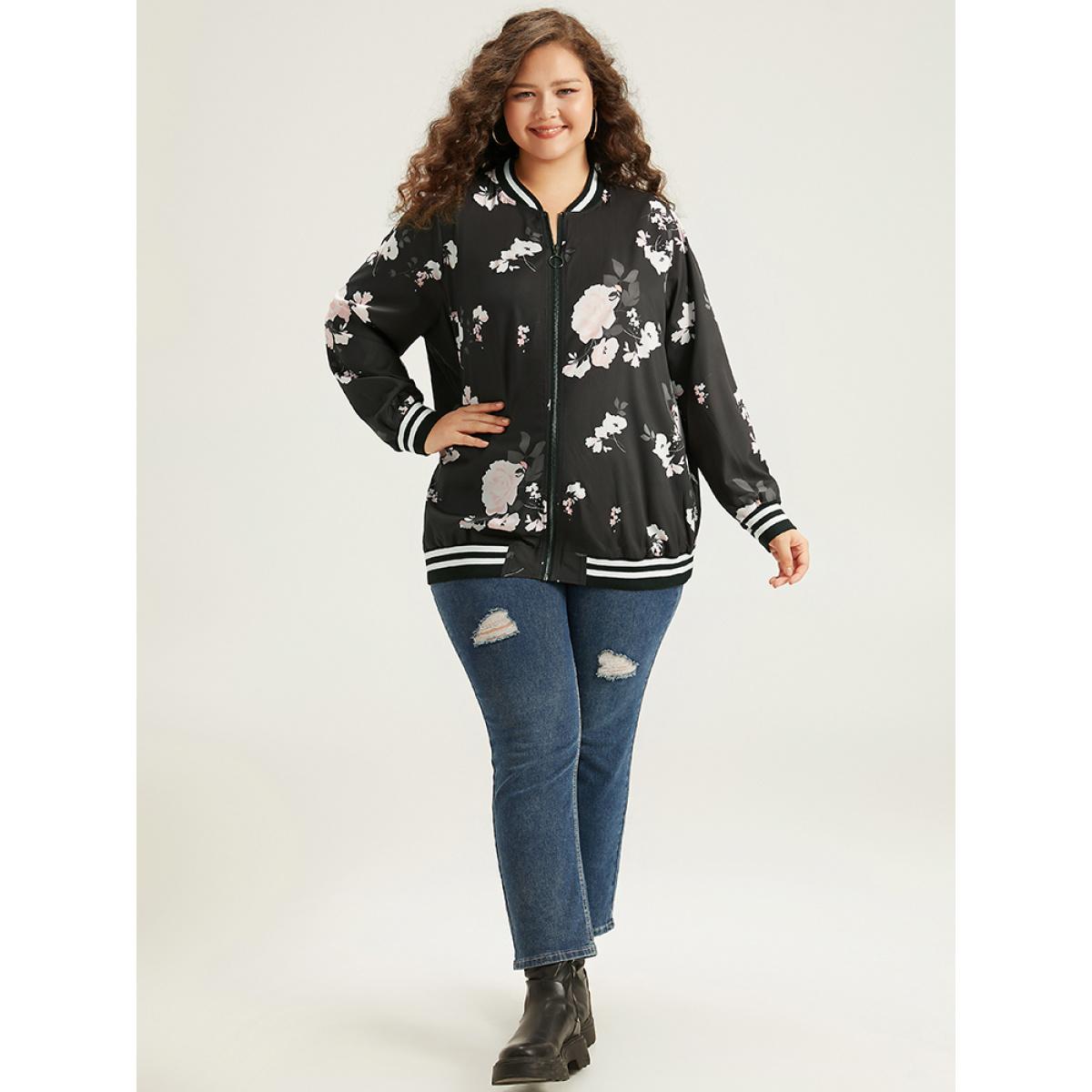 Plus Size Floral Contrast Trim O Ring Zipper Jacket Women Black Elastic cuffs Dailywear Jackets BloomChic 10/M Product Image