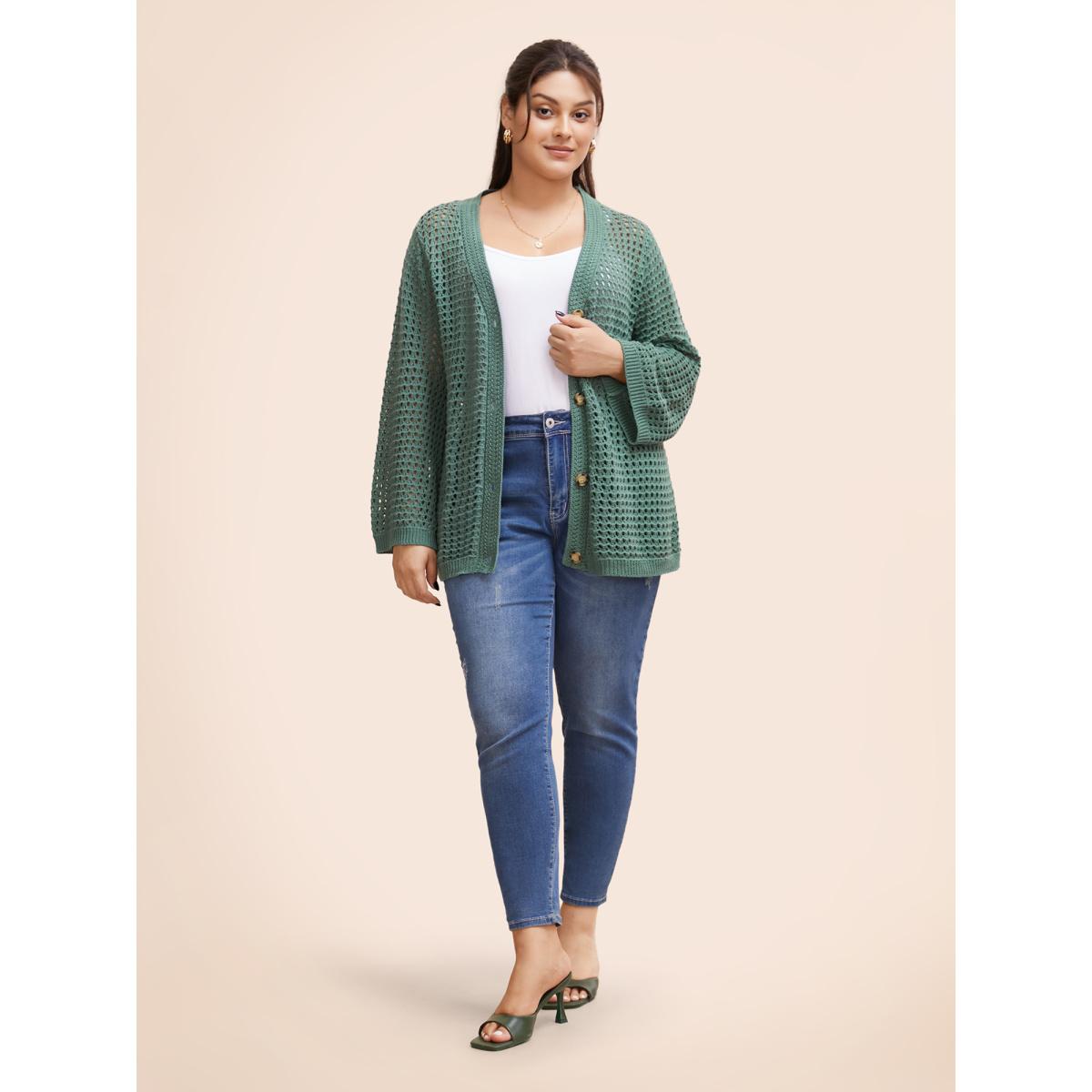 Plus Size Cotton Texture Cut Out Bell Sleeve Cardigan Greenbean Women Casual Loose Long Sleeve Everyday Cardigans BloomChic 10/M Product Image