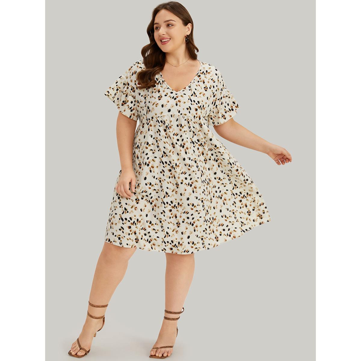 Plus Size Allover Print Pocket V Neck Ruffle Sleeve Dress Leopard Women Elegant Ruffles V-neck Short sleeve Curvy Knee Dress BloomChic 28/5X Product Image