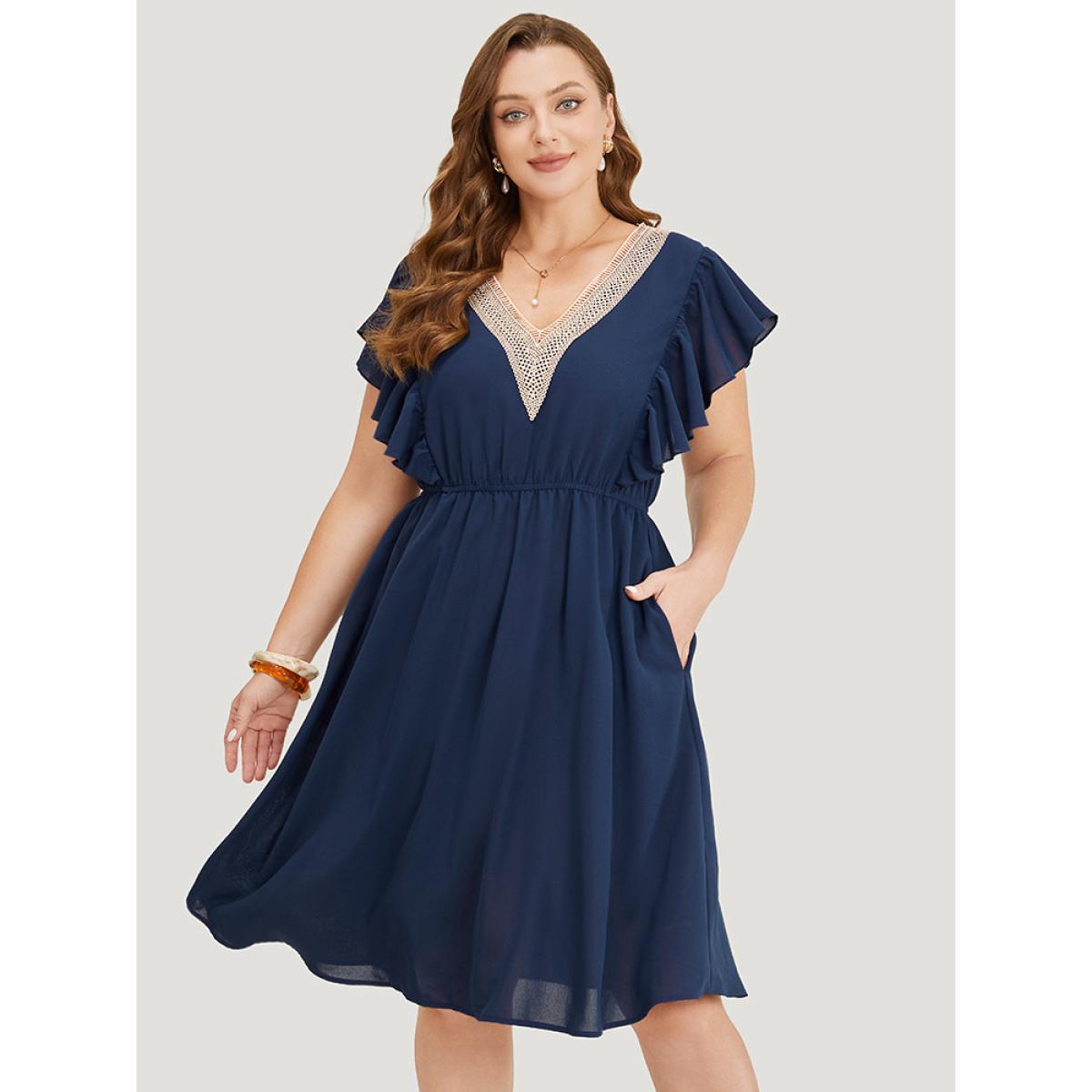 Plus Size Solid Contrast Lace V Neck Pocket Flutter Trim Dress DarkBlue Women Elegant Lace V-neck Cap Sleeve Curvy Knee Dress BloomChic 10/M Product Image