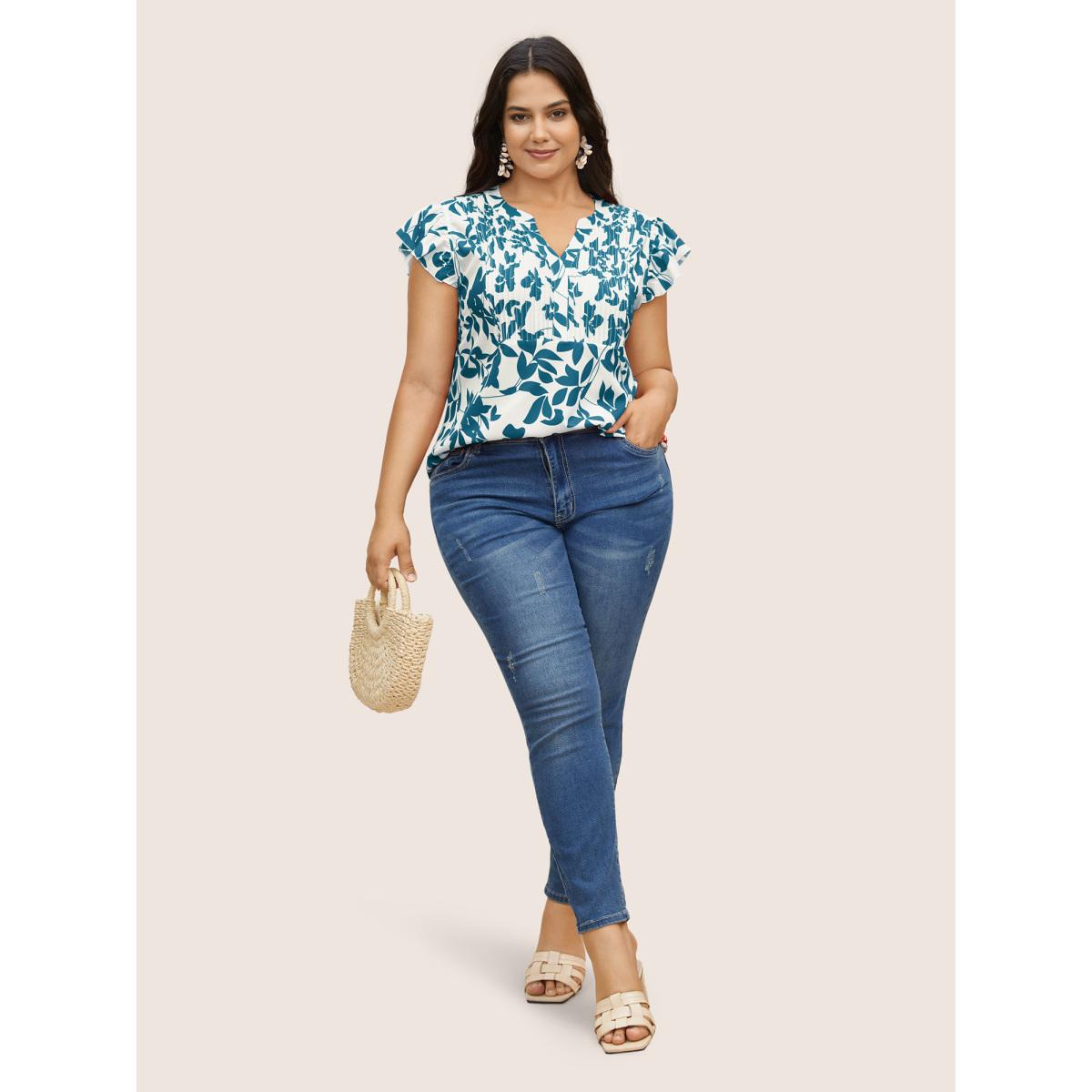 Plus Size Aegean Silhouette Floral Print Notched Collar Pleated Blouse Women Resort Cap Sleeve Notched collar Vacation Blouses BloomChic 14-16/1X Product Image