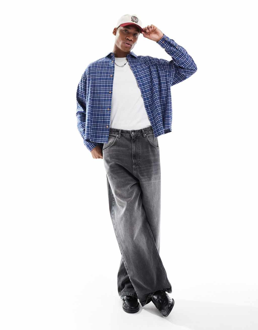ASOS DESIGN boxy oversized long sleeve shirt in blue dad check Product Image