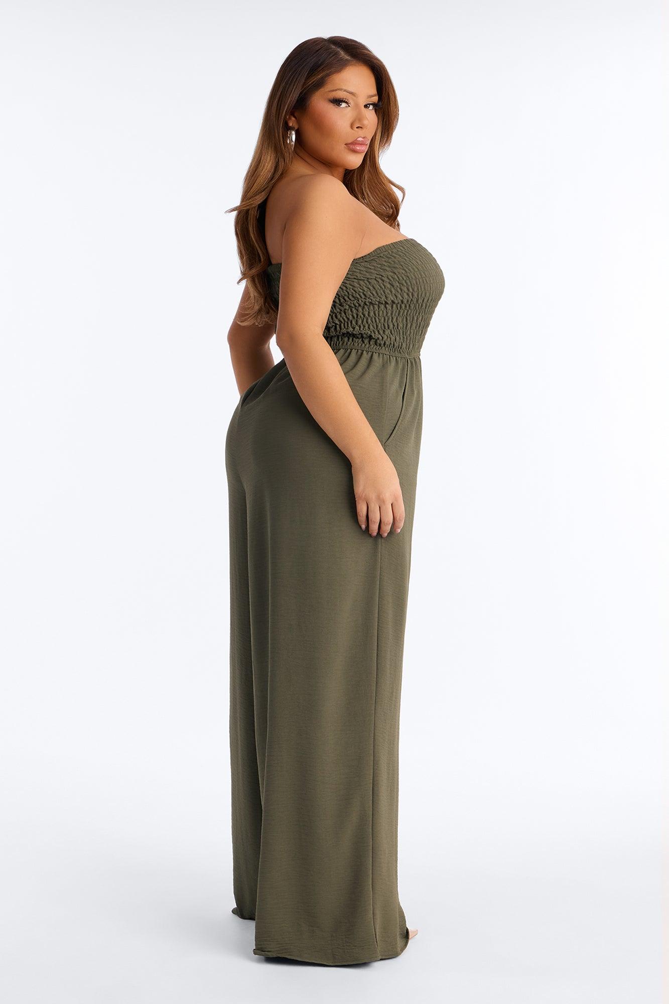 Kenna Smocked Strapless Jumpsuit - Olive Female Product Image
