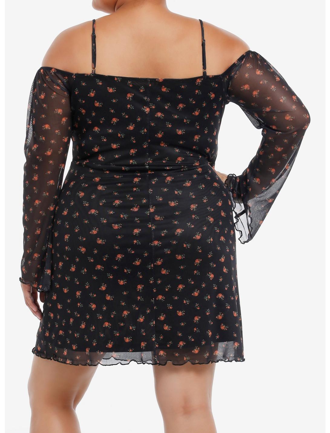 Thorn & Fable Floral Mesh Cold Shoulder Bell Sleeve Dress Plus Size Product Image