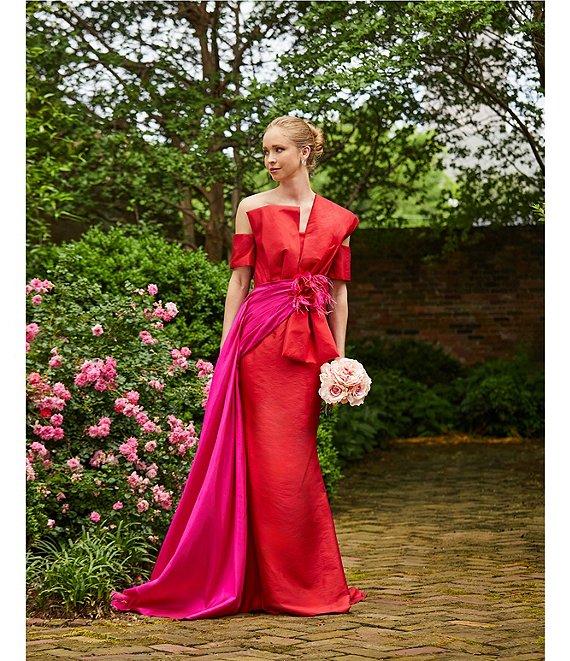 Terani Couture Mikado Asymmetrical One Shoulder Short Sleeve Bow Sash Gown Product Image