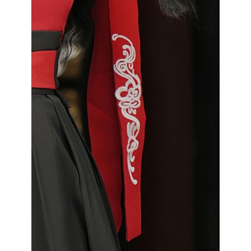 Traditional Chinese Long-Sleeve Embroidered Wrap Top / Short-Sleeve Light Jacket / Head Scarf / High Waist Maxi A-Line Skirt / Wrist Cuff / Set Product Image