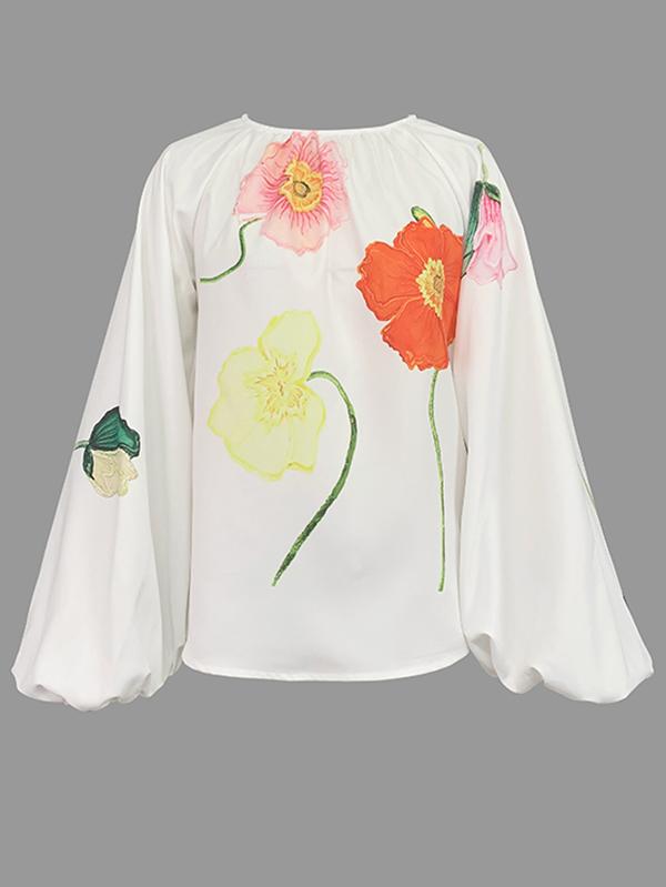 Long Sleeves Loose Elasticity Flower Print Pleated Round-neck Blouses&shirts Tops Product Image