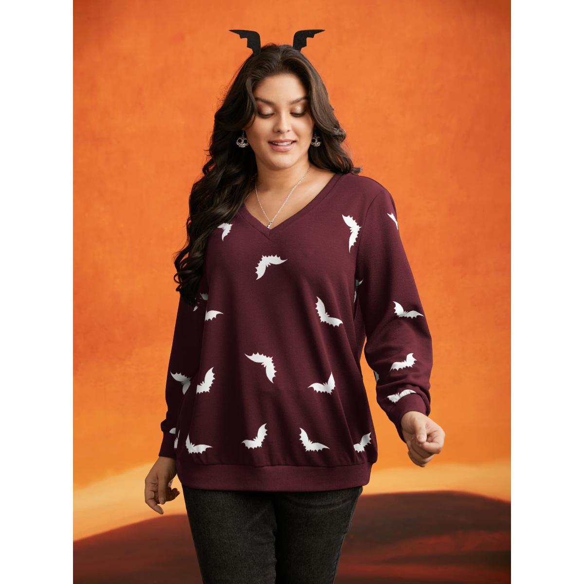 Plus Size Bat Print V-Neck Sweatshirt Women Scarlet Casual Patchwork Loose V-neck Everyday Sweatshirts BloomChic 22-24/3X Product Image
