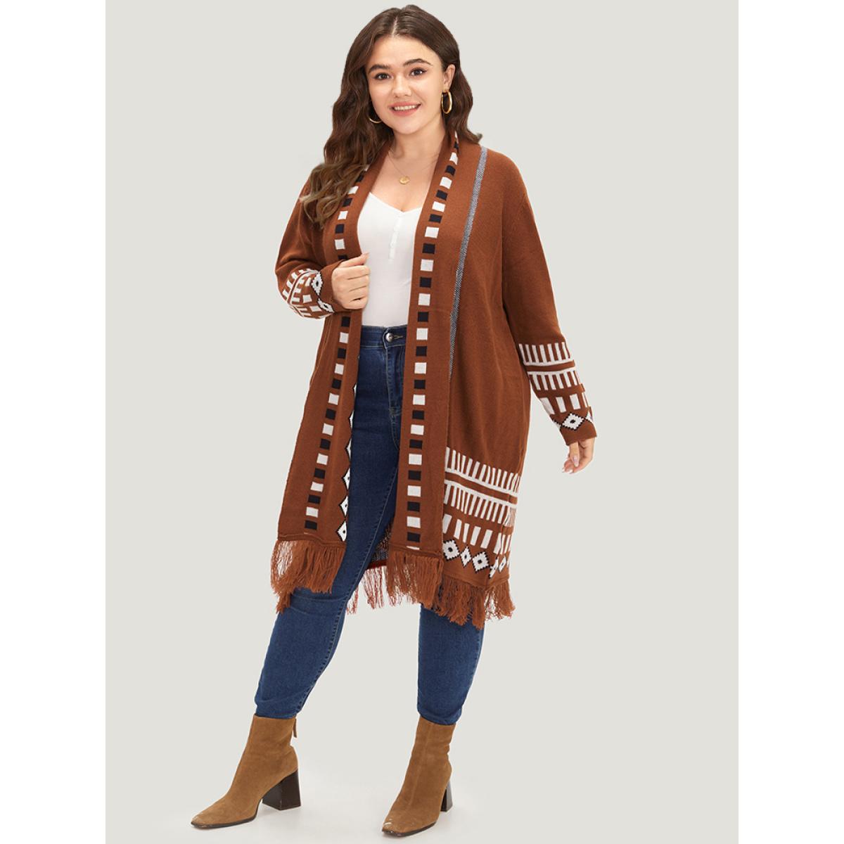 Plus Size Geometric Tassel Trim Open Front Cardigan Maroon Women Casual Loose Long Sleeve Dailywear Cardigans BloomChic 14-16/1X Product Image