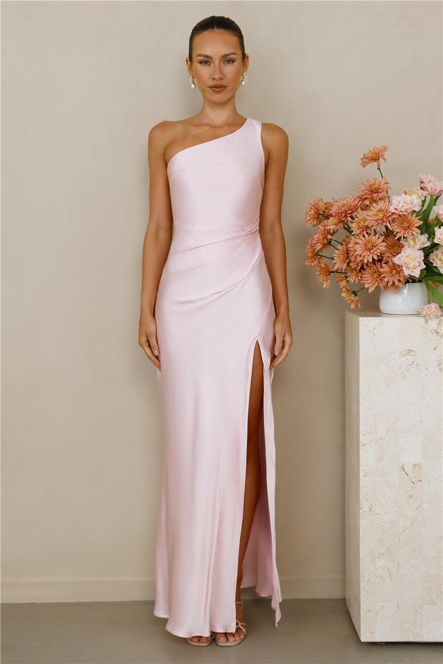 The Aurora One Shoulder Satin Maxi Dress Pink Product Image