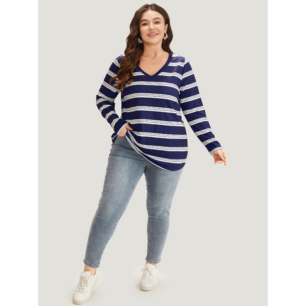 Plus Size Striped Print V Neck T-shirt DarkBlue Women Casual Printed Striped V-neck Dailywear T-shirts BloomChic 12/L Product Image