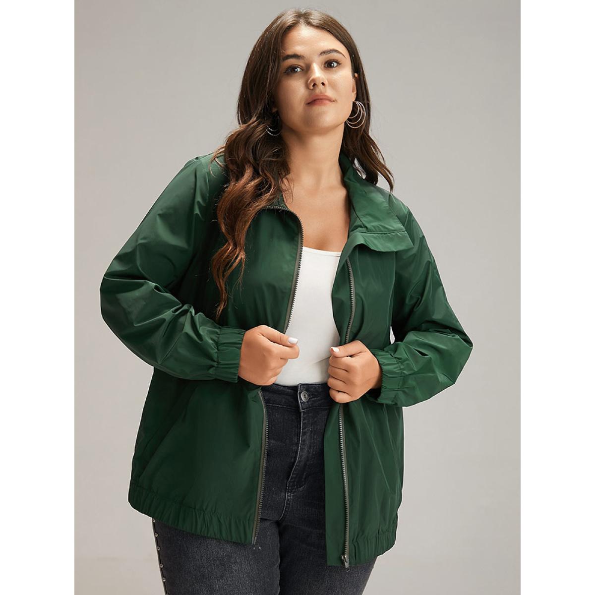 Plus Size Wind-Resistant Plain Zipper Fly Pocket Jacket Women DarkGreen Elastic cuffs Pocket Dailywear Jackets BloomChic 10/M Product Image