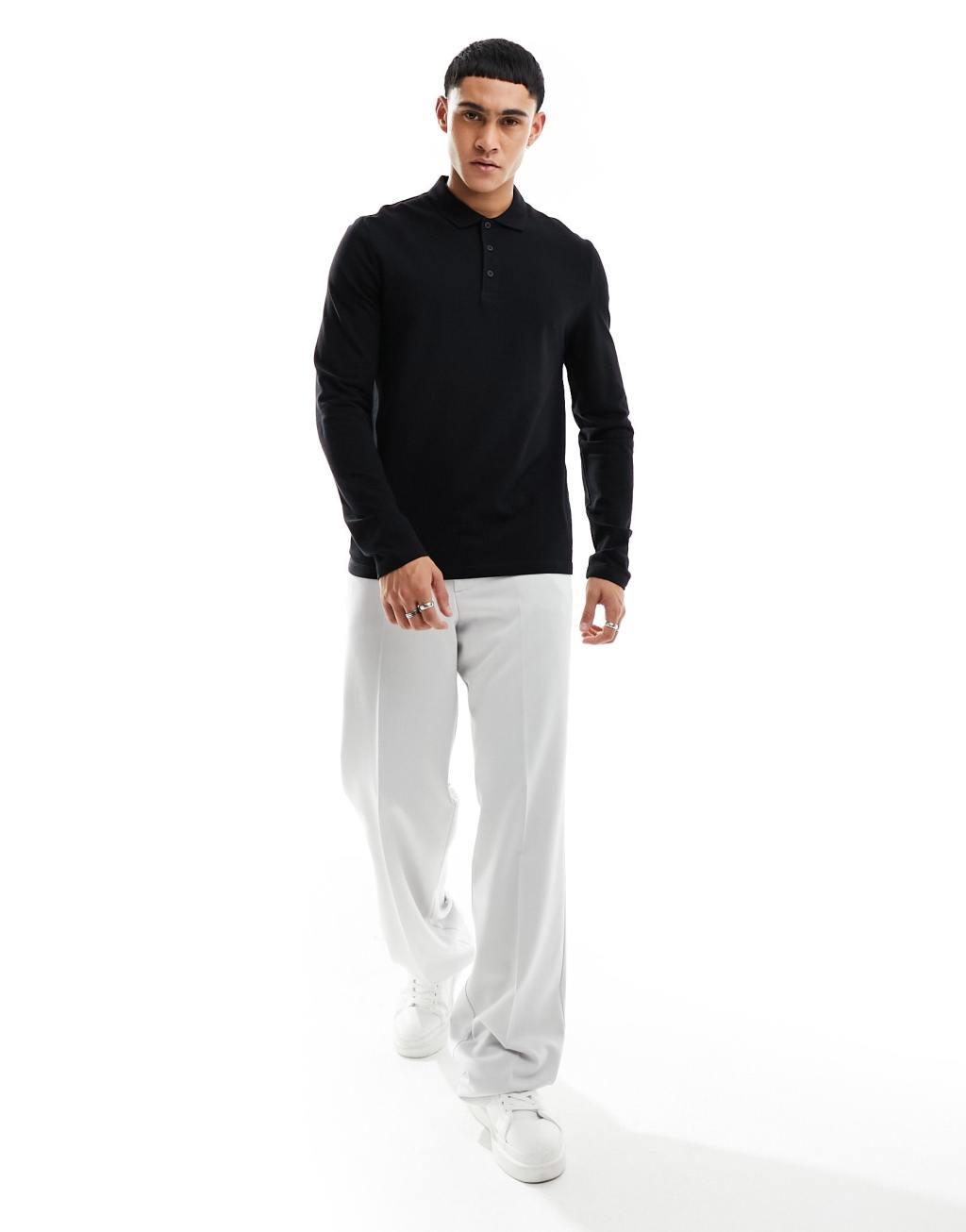 ASOS DESIGN long sleeve smart pique polo in black Product Image