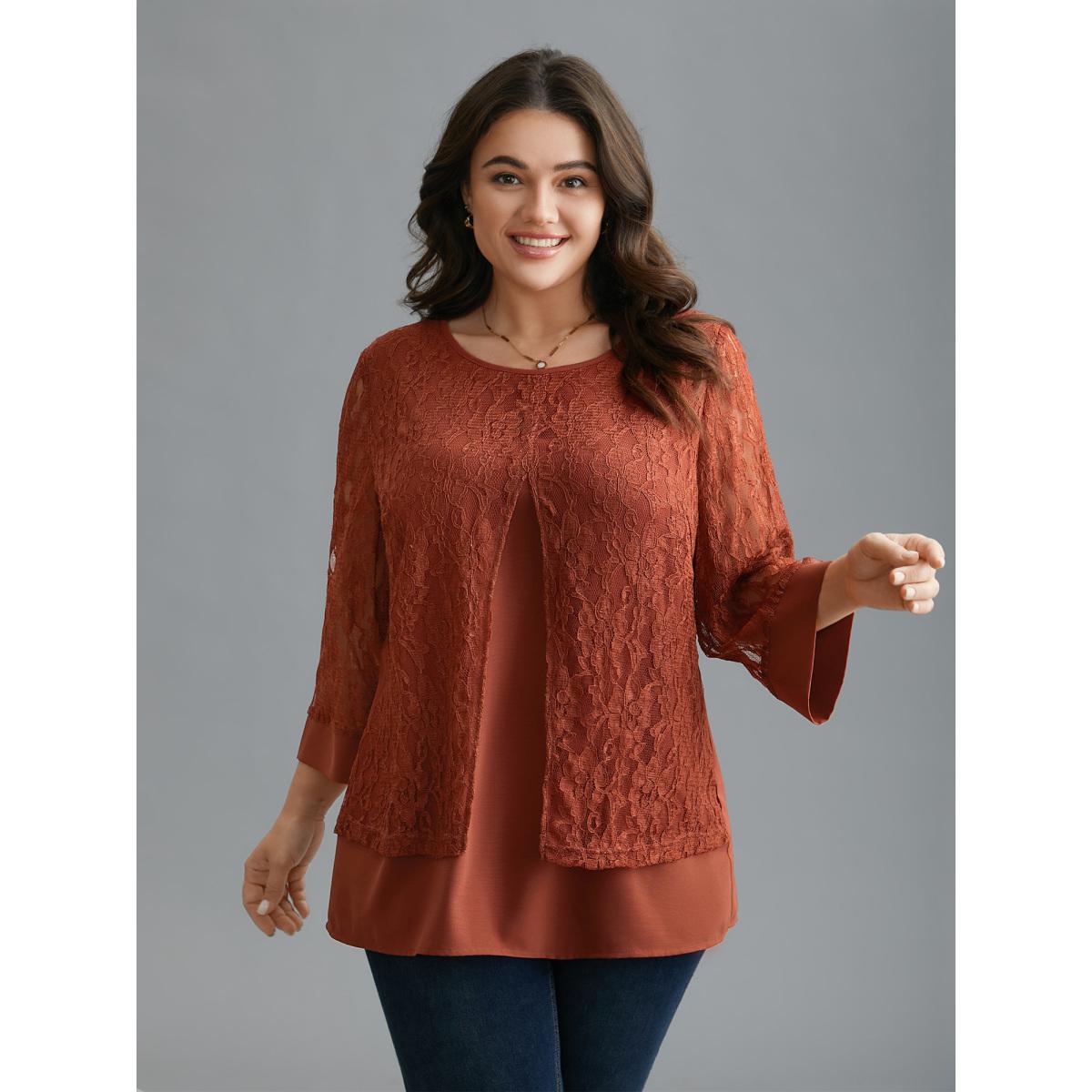 Plus Size Rust Sheer Lace Sleeve Open-Front Design Blouse Women Elegant Elbow-length sleeve Round Neck Everyday Blouses BloomChic 30/6X Product Image