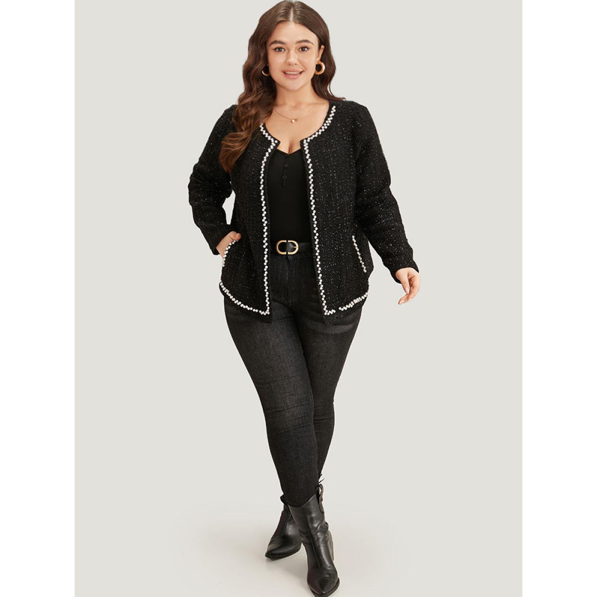 Plus Size Pearl Tweed Beaded Texture Pocket Blazer Women Black Elegant Texture Ladies Dailywear Winter Coats BloomChic 30/6X Product Image