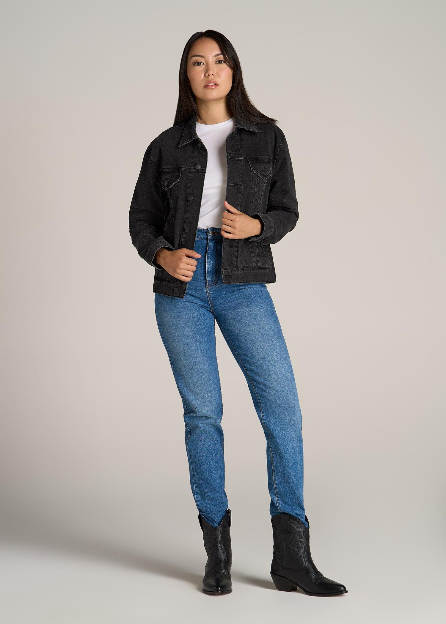 Women's Relaxed Denim Jacket for Tall Women in Black Stone Wash Female Product Image