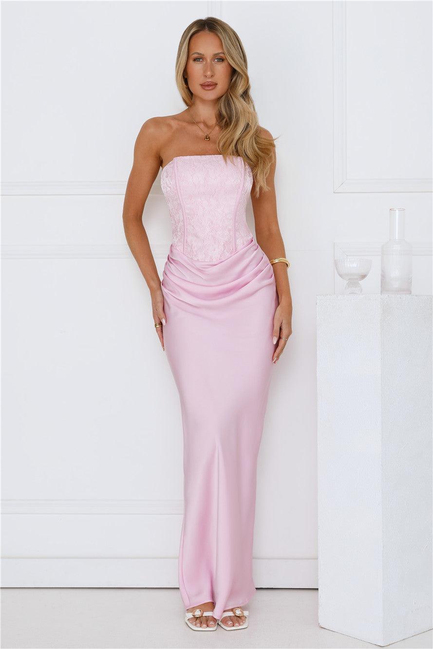 Dressed To Dazzle Strapless Satin Maxi Dress Pink Product Image