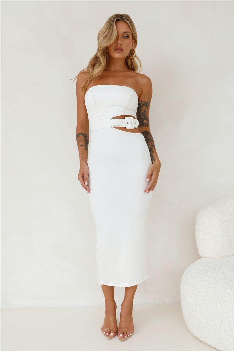 Online Chat Strapless Denim Midi Dress White Product Image