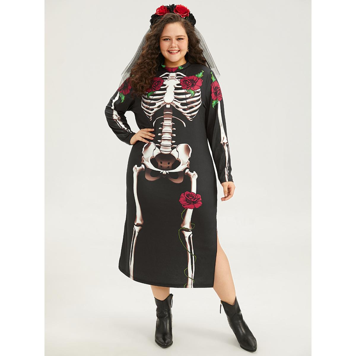 Plus Size Halloween Mock Neck Skull Print Split Hem Dress Black Women Casual Printed Mock Neck Long Sleeve Curvy Midi Dress BloomChic 18-20/2X Product Image