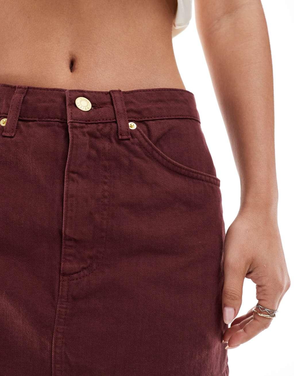 ASOS DESIGN denim mini skirt in burgundy - part of a set Product Image