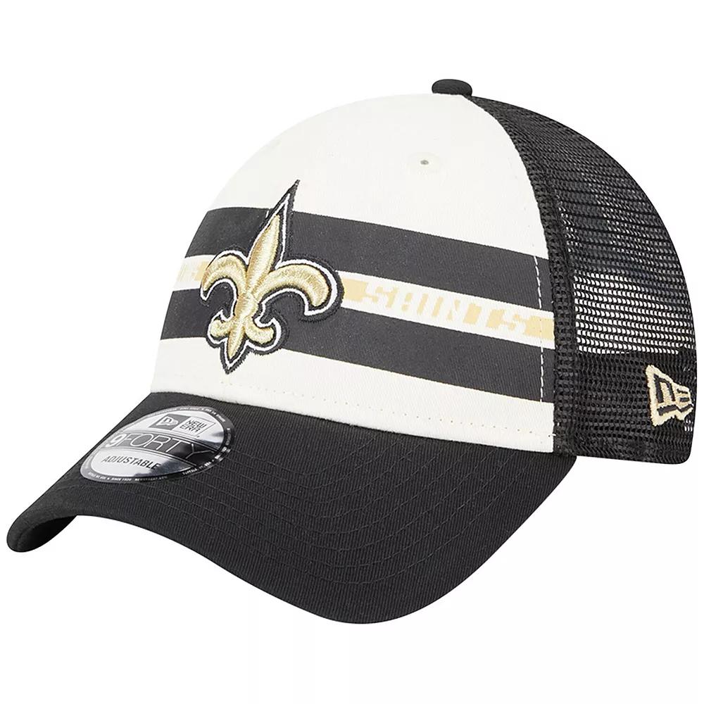 Men's New Era Cream/Black New Orleans Saints Team Stripe Trucker 9FORTY Snapback Hat, Beige Product Image