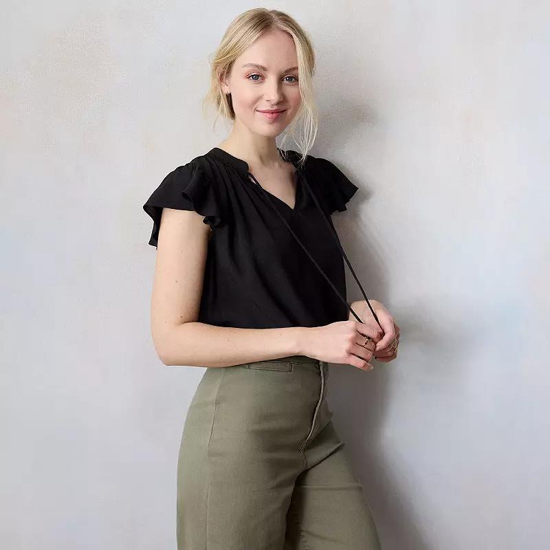 Women's LC Lauren Conrad Tie Front Ruffled V-Neck Shell, Size: XL, Black Product Image