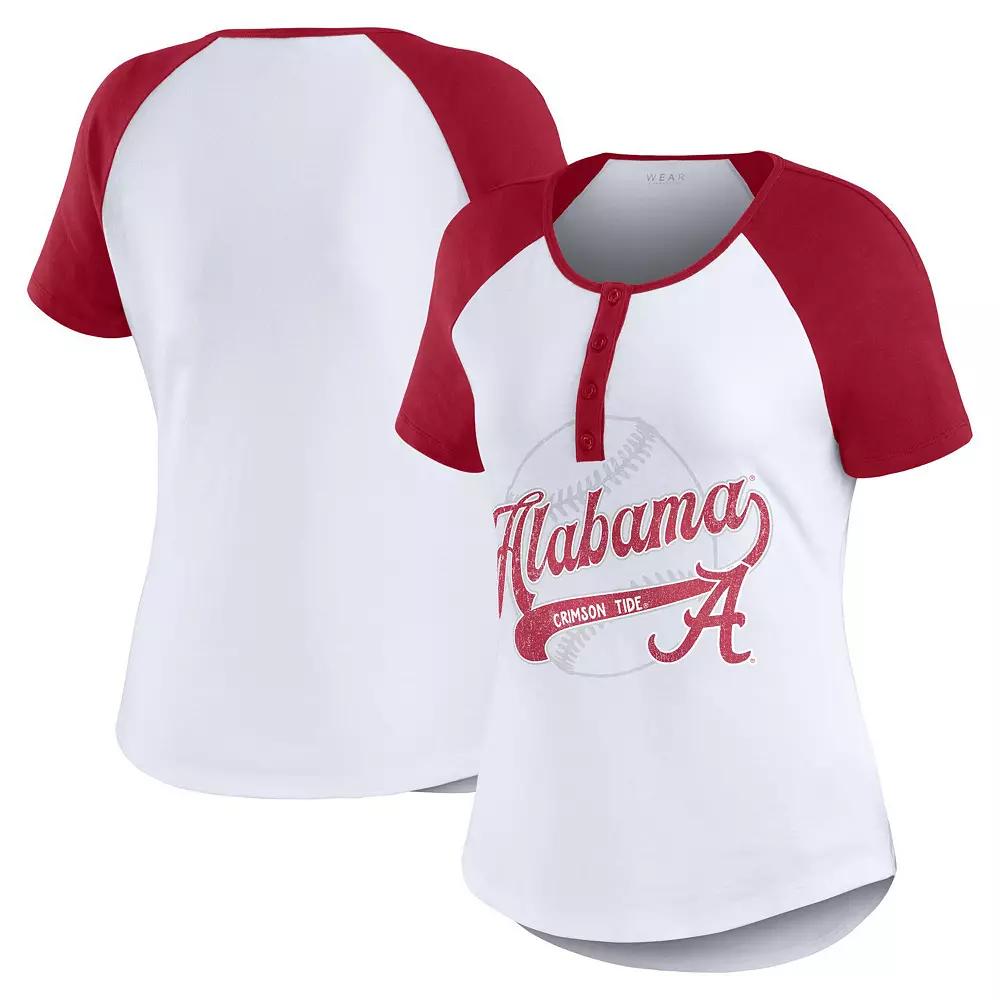 Women's WEAR by Erin Andrews White Alabama Crimson Tide Baseball Logo Raglan Henley T-Shirt, Size: Small Product Image