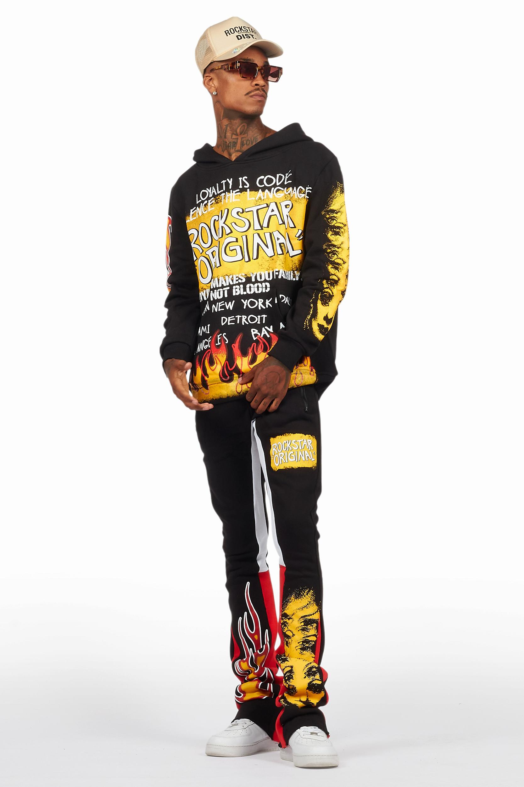 Beno Black/Yellow Stacked Flare Hoodie Track Set Male Product Image