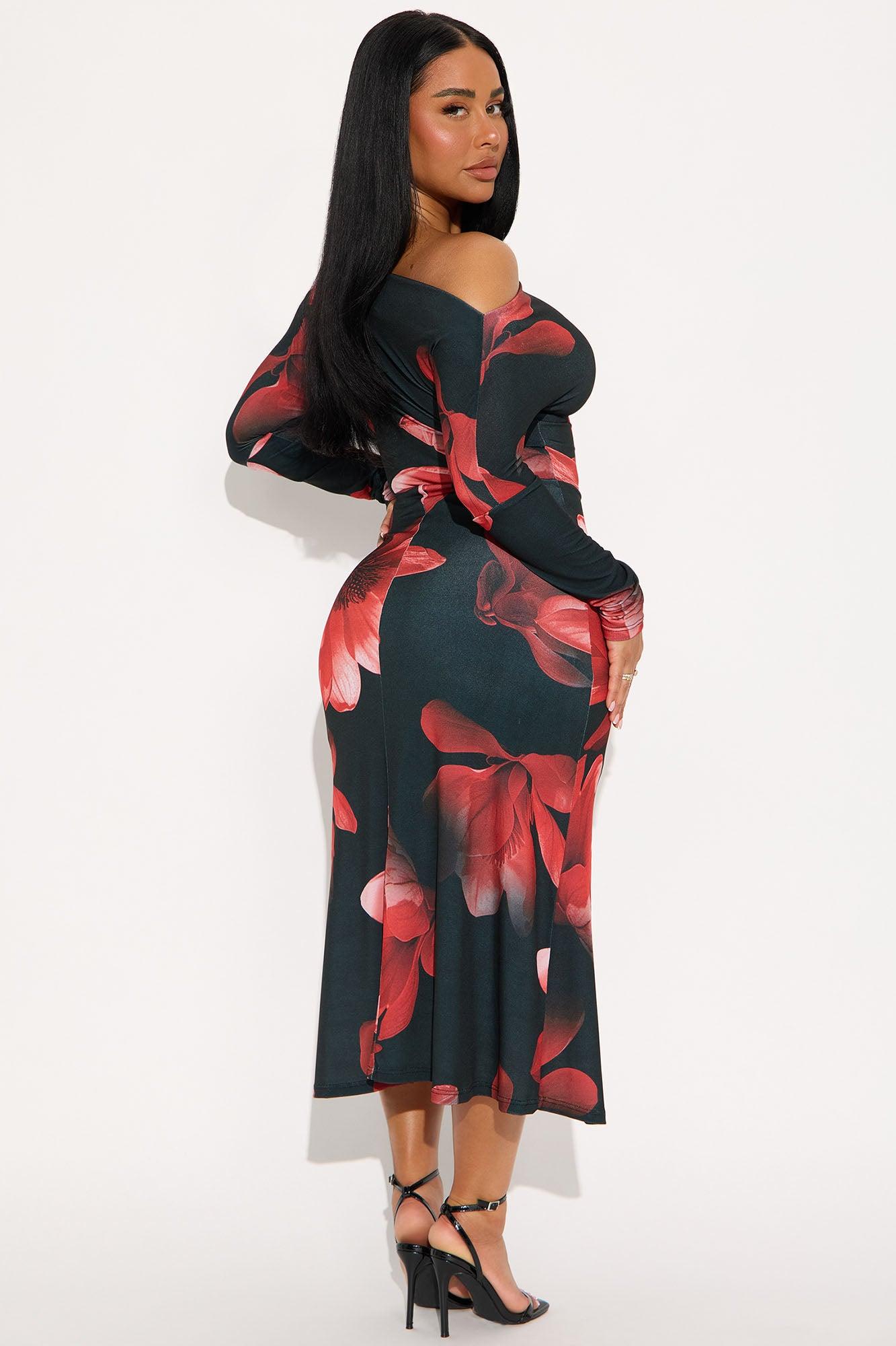 Brea Long Sleeve Floral Midi Dress - Black/Red Female Product Image