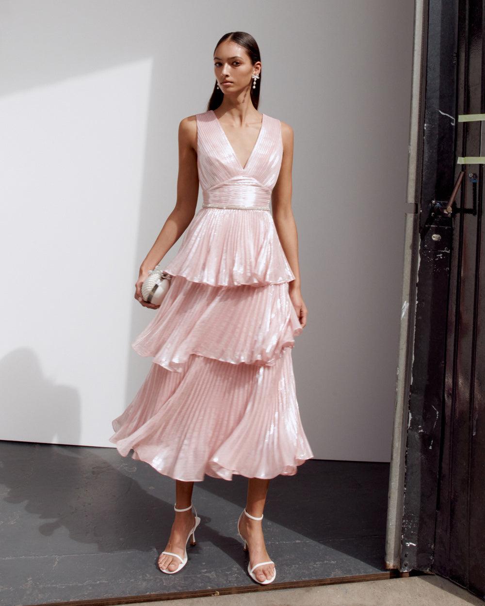 Pink Metallic Tiered Midi Dress Product Image