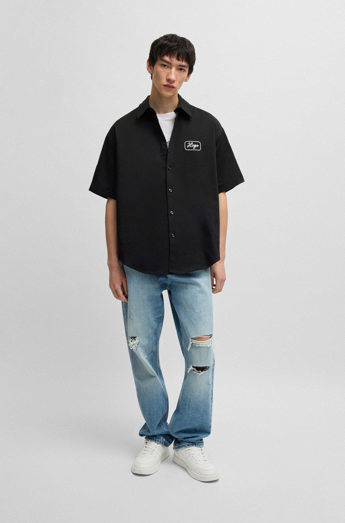 HUGO - Cotton-twill shirt with embroidered artwork - Black Product Image