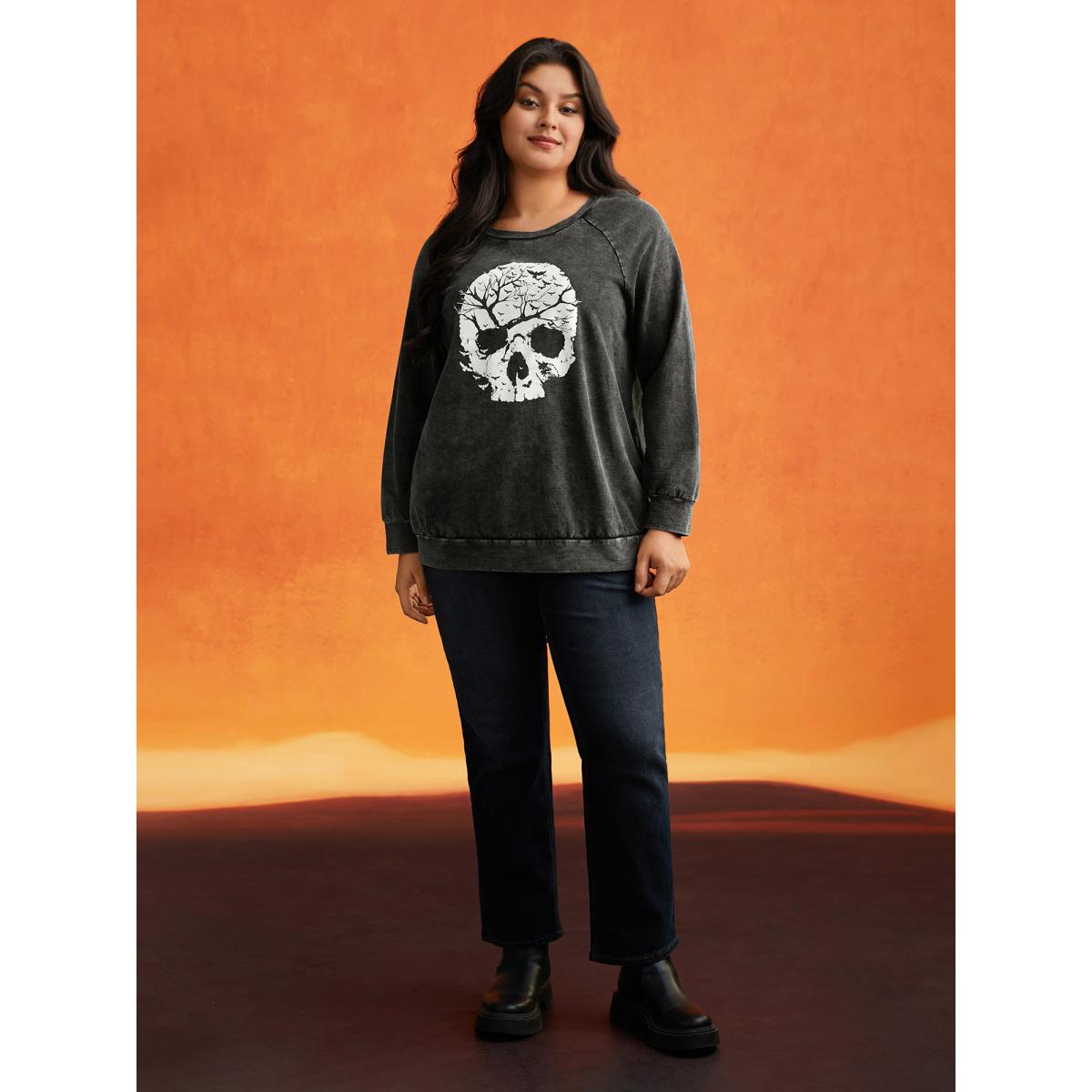 Plus Size Retro Wash Cotton Sweatshirt Women Black Leisure Non Round Neck Casual Sweatshirts BloomChic 28/5X Product Image