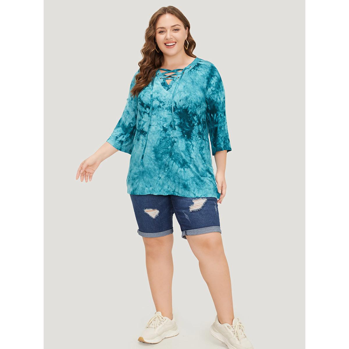 Plus Size Tie Dye Roll Sleeve Lace Up T-shirt Cerulean Women Casual Tie Dye V-neck Dailywear T-shirts BloomChic 18-20/2X Product Image