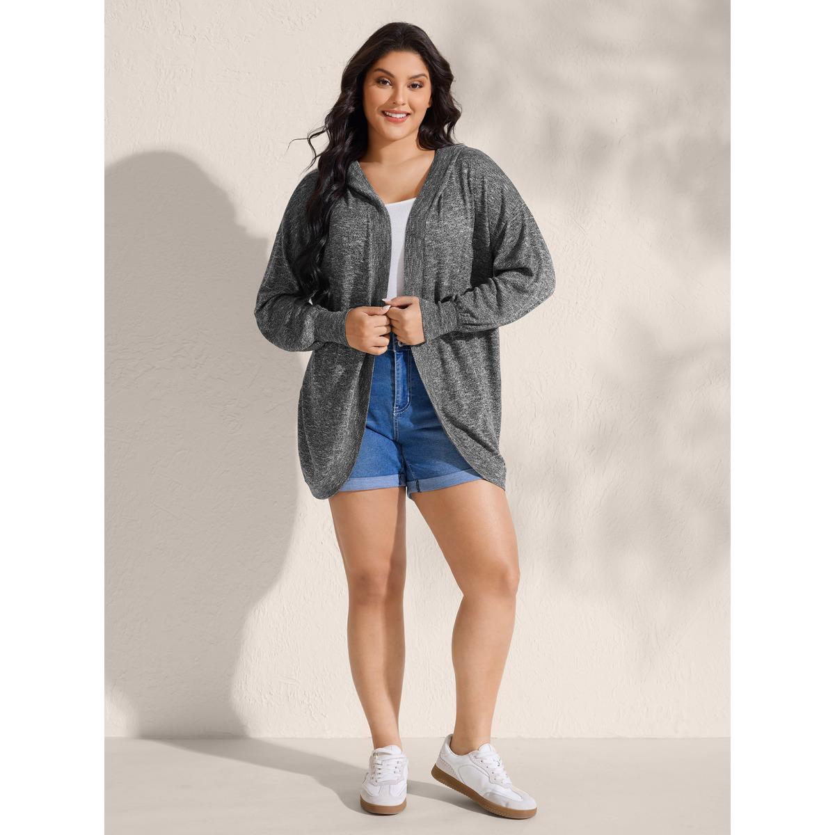 Plus Size Hooded Heather Curvy Hem Lightweight Knit Cardigan DimGray Women Leisure Loose Long Sleeve Casual Cardigans BloomChic 18-20/2X Product Image