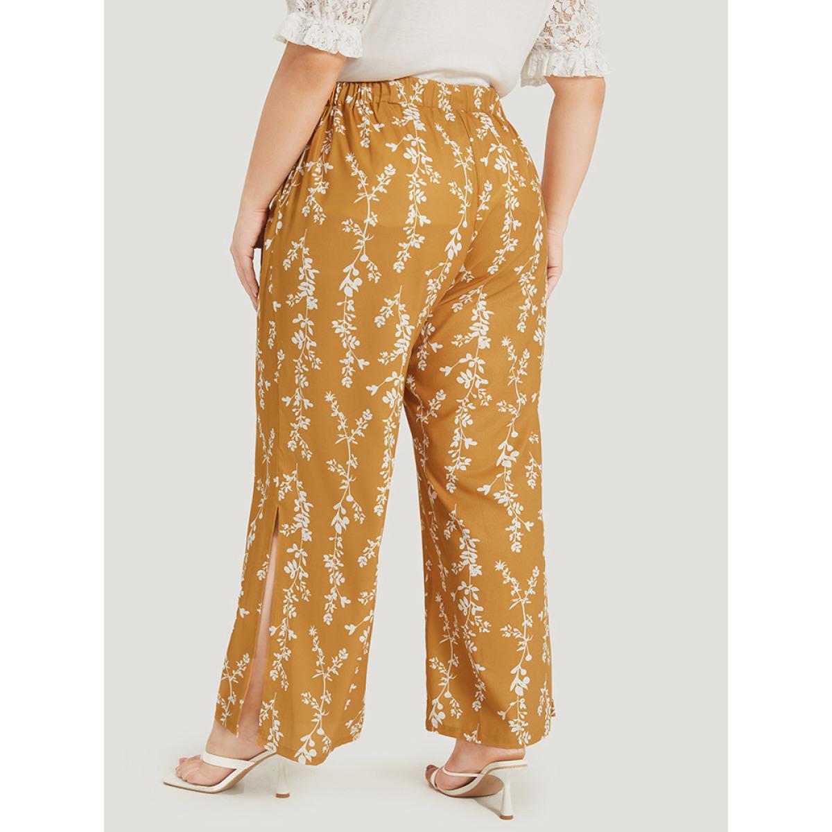 Plus Size Silhouette Floral Print Pocket Split Side Pants Women Yellow Elegant Straight Leg High Rise Dailywear Pants BloomChic 14-16/1X Product Image