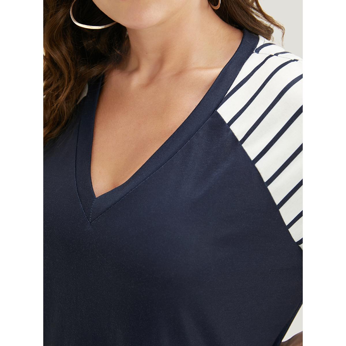 Plus Size Striped Contrast Raglan Sleeve V Neck T-shirt Midnight Women Casual Patchwork Striped V-neck Dailywear T-shirts BloomChic 28/5X Product Image