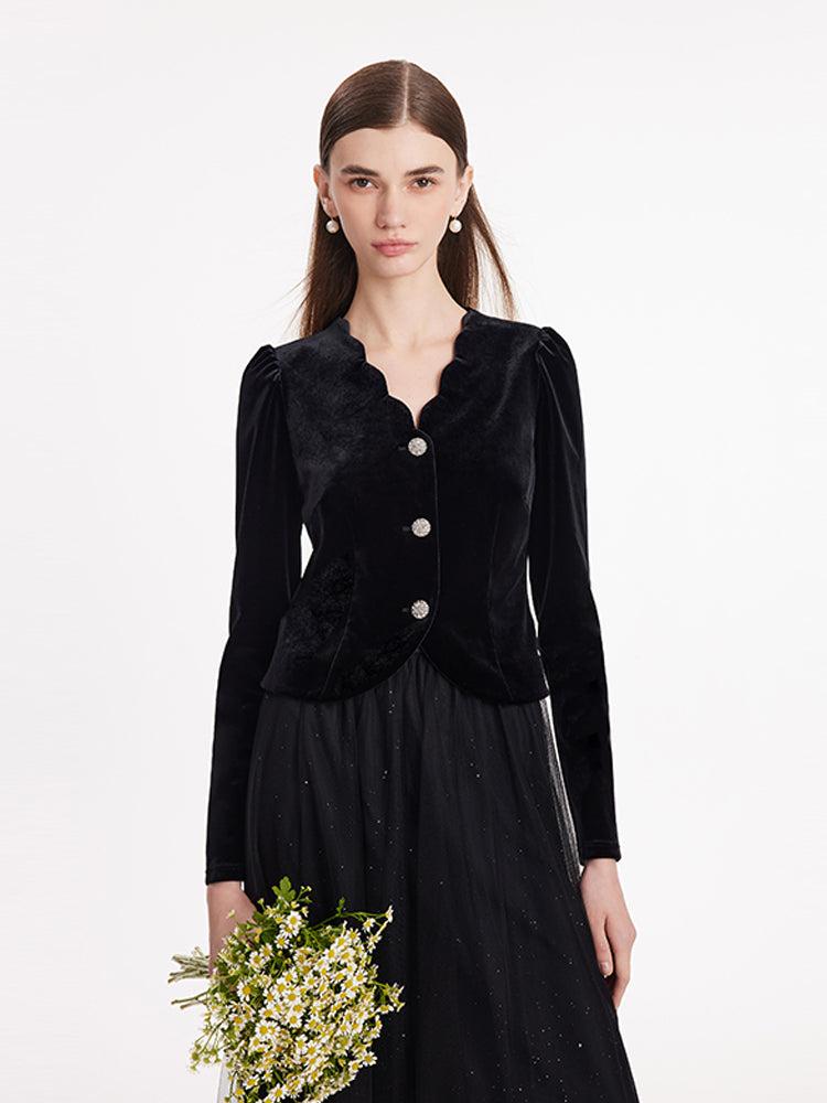 Wave Cut V-Neck Velvet Top And Tulle Skirt Two-Piece Set Product Image