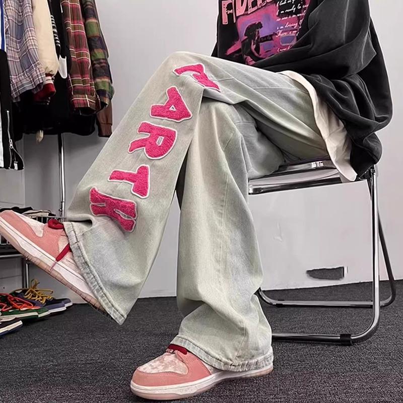 Trendy Brand Flocked Letters Oldschool Straight Jeans Product Image