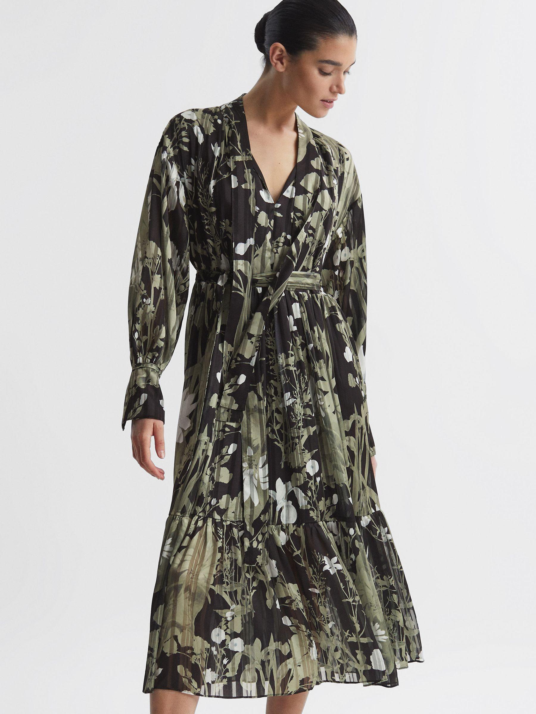 Floral Print Tie Neck Midi Dress in Green Product Image