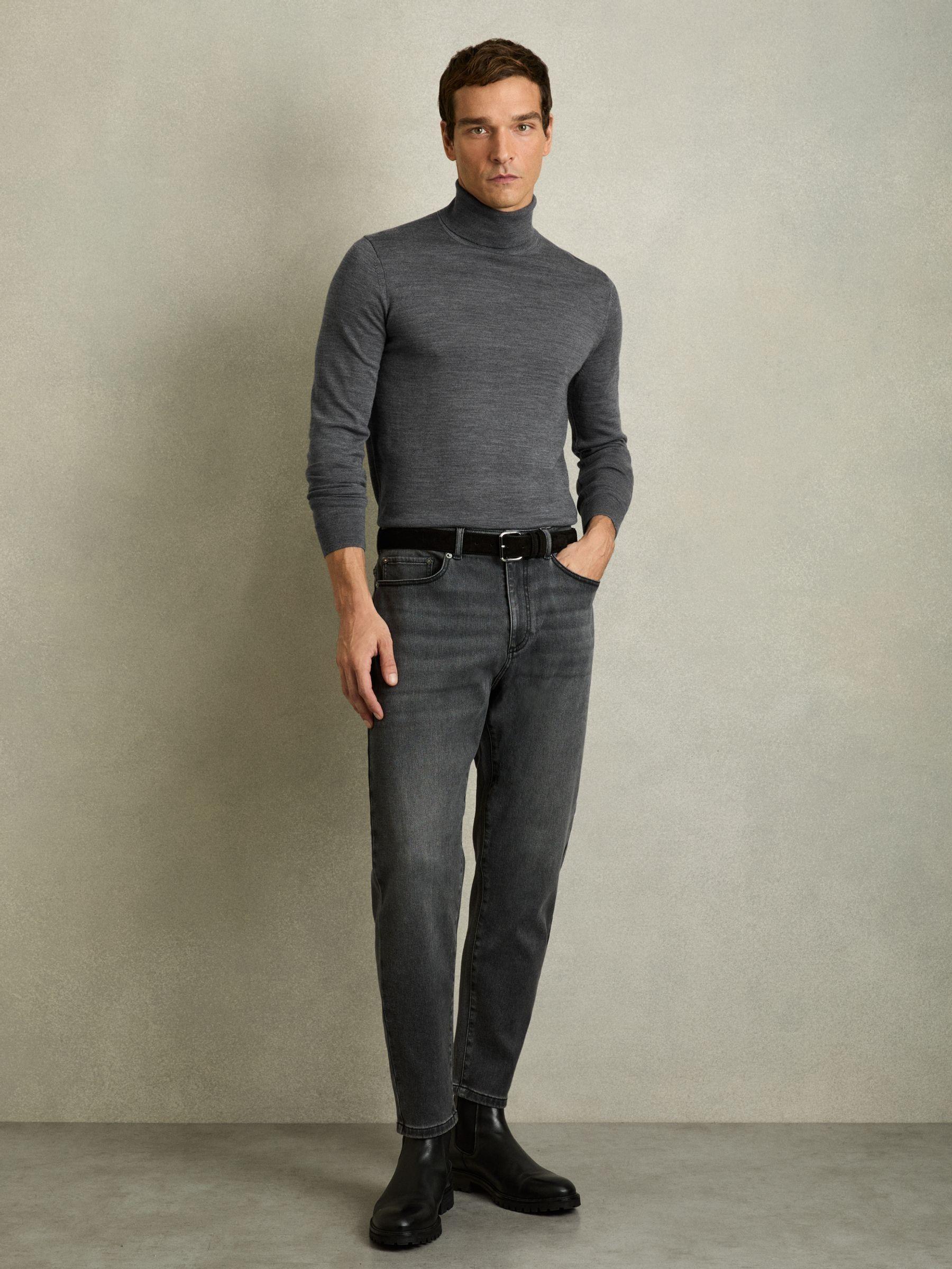 Slim Fit Merino Wool Roll Neck Jumper in Mid Grey Melange Product Image