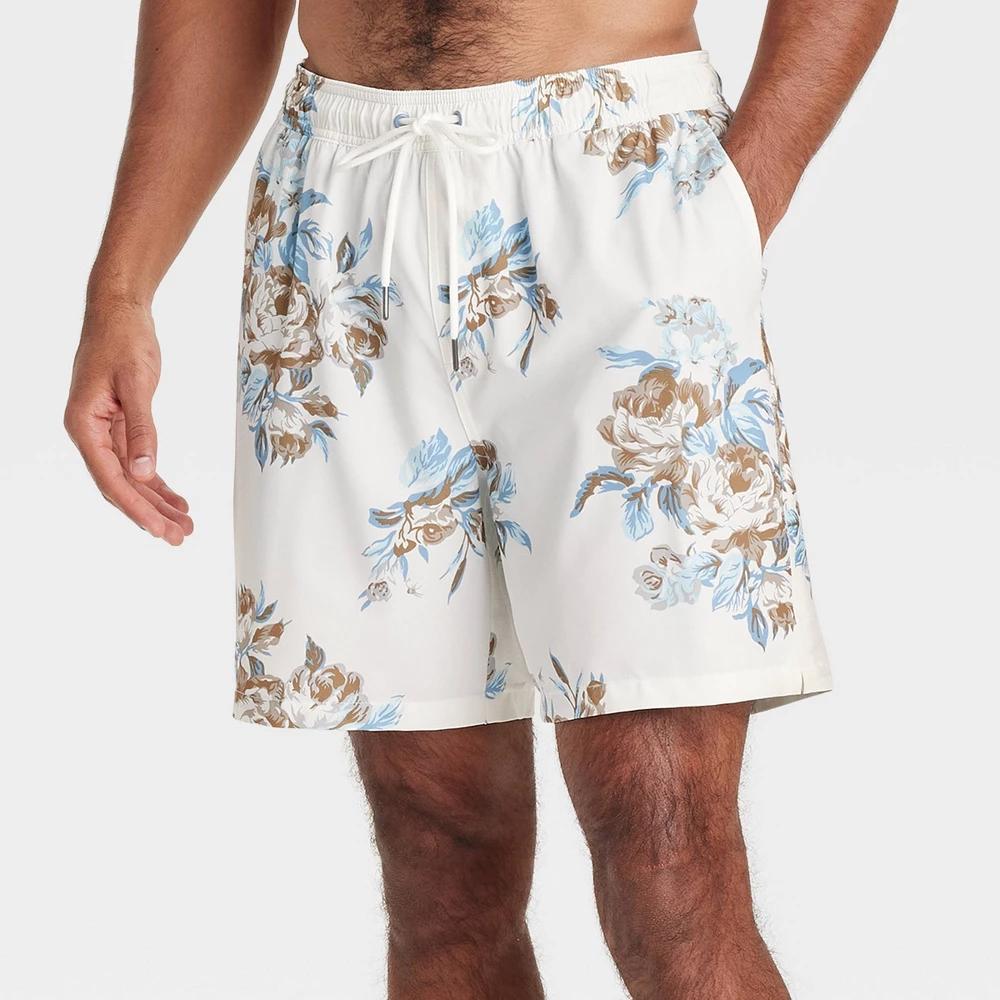 Men's 7" Swim Trunks with Boxer Brief Liner- Goodfellow & Co™ White/Blue Floral Product Image
