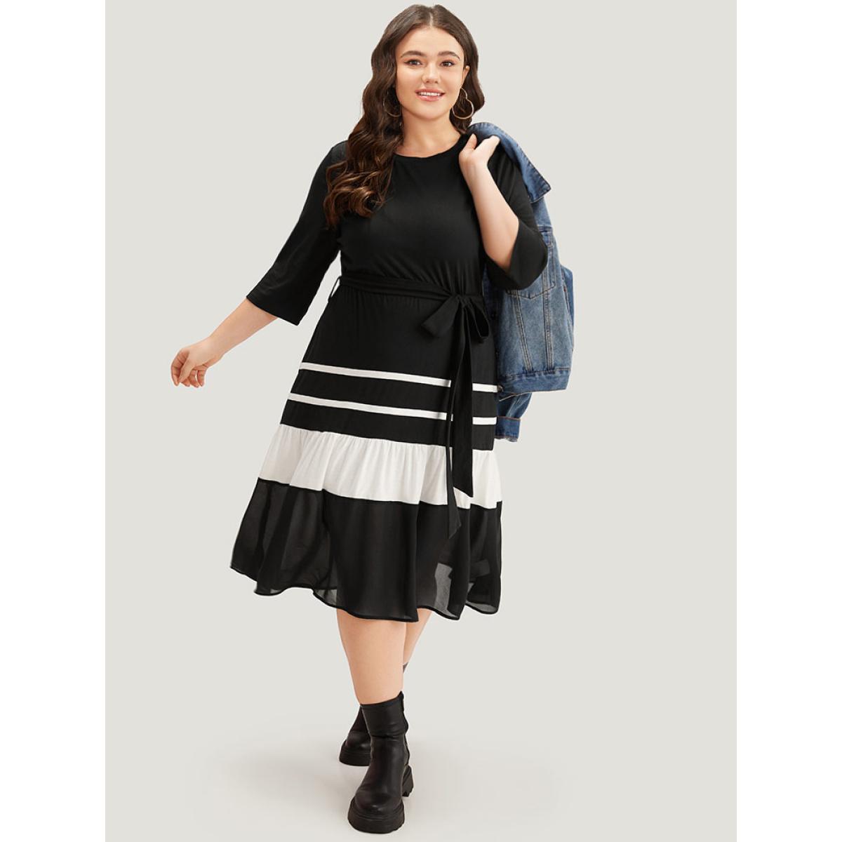 Plus Size Colorblock Contrast Belted Ruffle Layered Hem Dress Black Women Casual See through Round Neck Elbow-length sleeve Curvy Midi Dress BloomChic 28/5X Product Image